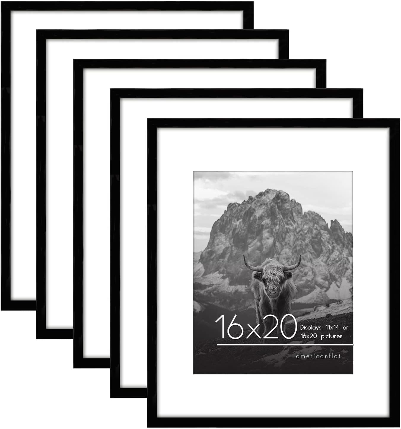 Photo Albums, Frames & Accessories - Americanflat 16x20 Picture Frame in Black - Set of 5 - Use as 11x14 Picture Frame with Mat or 16x20 Frame Without Mat - Plexiglass Cover, Sawtooth Hanging Hardware for Horizontal or Vertical Display