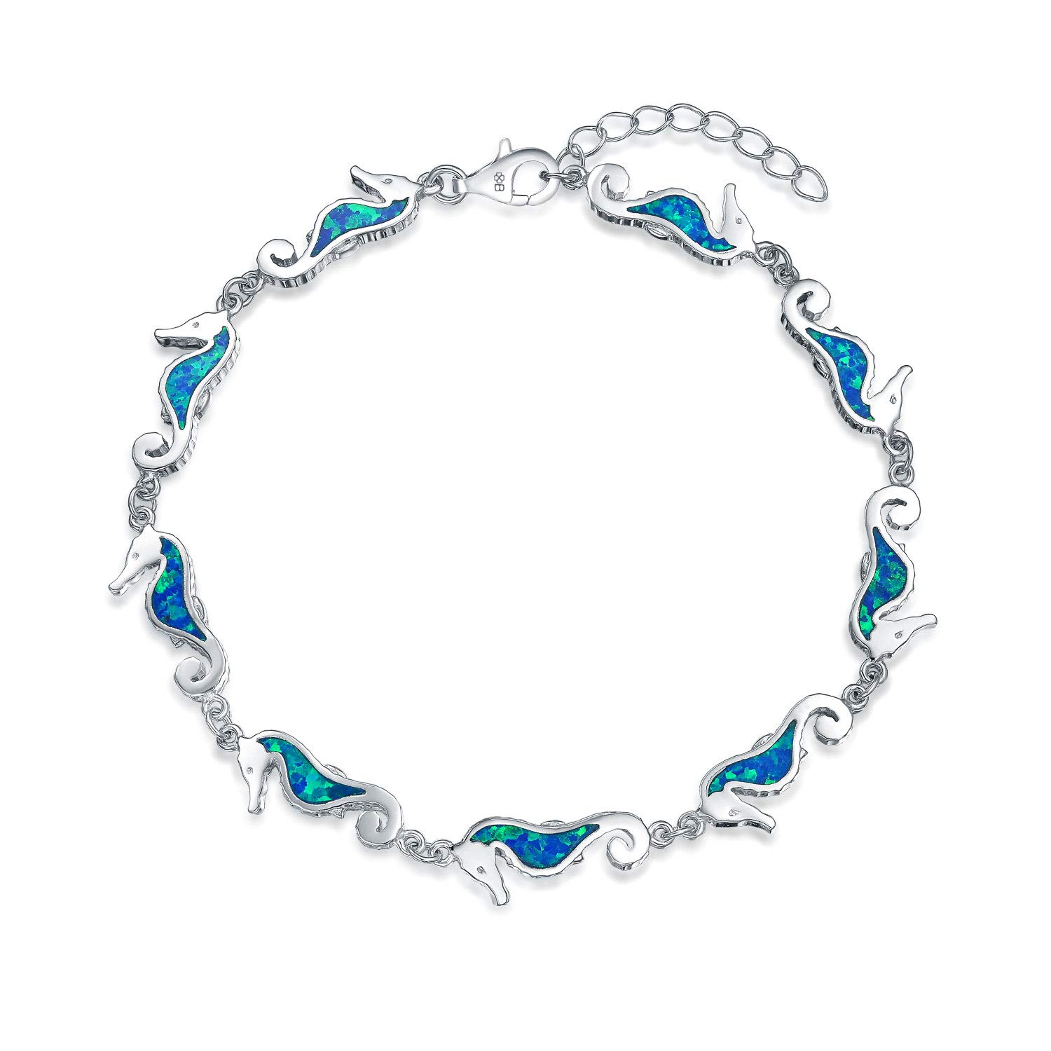 Bling Jewelry Nautical Seahorse Blue Created Opal Charm Link Bracelet For Women .925 Sterling Silver