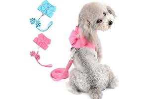SELMAI Small Pet Dog Cat Bling Rhinestone Harness and Leash Set Bow Girls Soft Ultra Suede Leather, Adjustable/No Pull Pink L