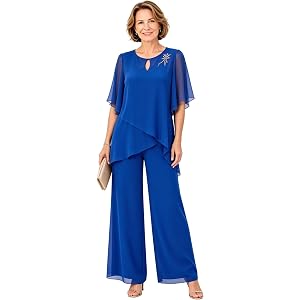 Hafobok Chiffon 3/4 Sleeve Mom Bride Pant Suit Wedding Outfit | Women Boat Neck 3/4 Sleeve Chiffon Pant Suit Rhinestone Appli