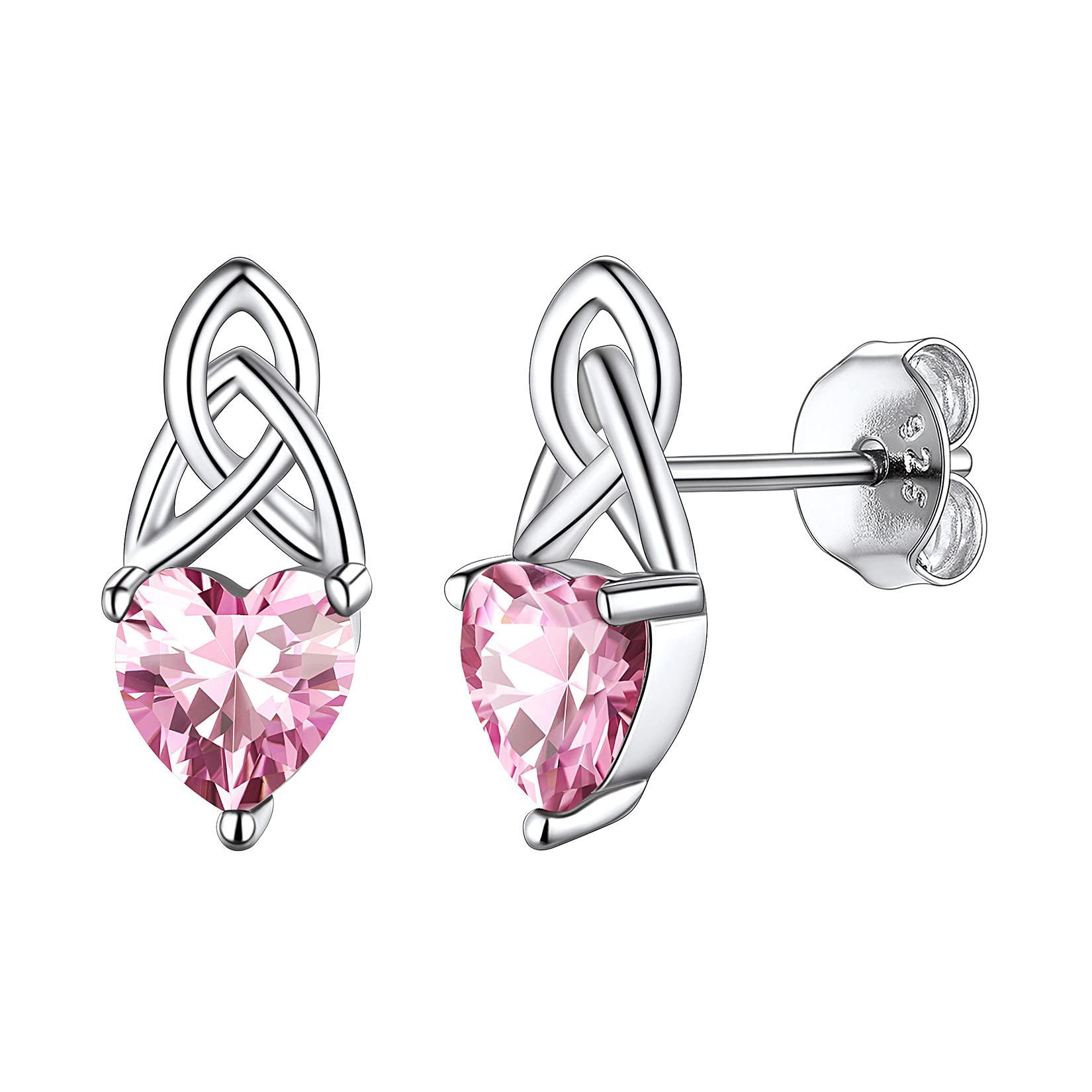 925 Sterling Silver Dainty Cute Hypoallergenic Triquetra Celtic Knot Heart Shaped Simulated Pink Tourmaline October Birthstone Stud Earrings Irish Jewelry for Women Teens