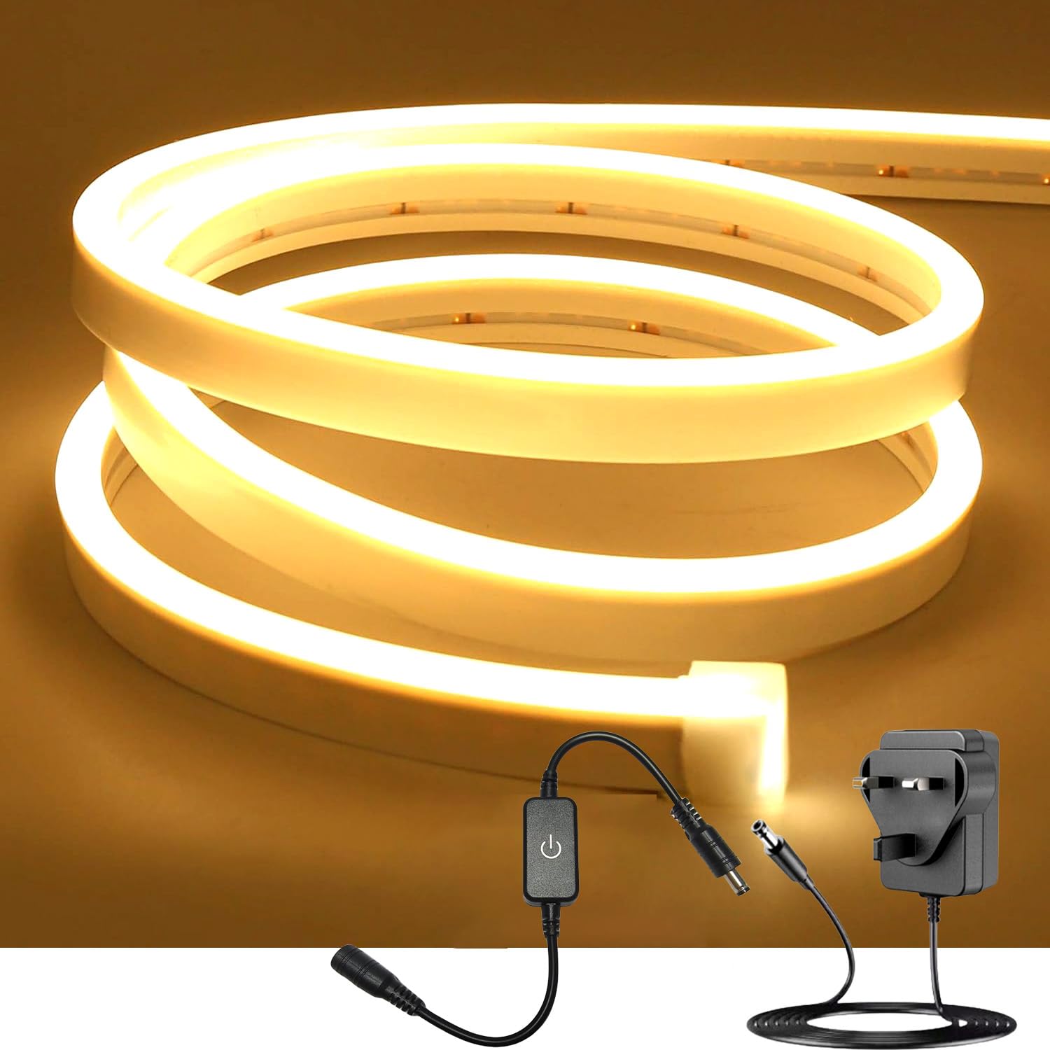 ShineBurky Warm White LED Strip Light, 5M Neon Rope Lights with Plug and Dimmer, 12V Waterproof Cuttable Flexible Silicone Light Kit for Kitchen Under Cabinet Bedroom TV Backlight Mirror Outdoor Decor
