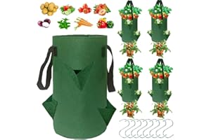 LESIMNKY 4Pack Upside Down Strawberry Planter, 3 Gallon Hanging Grow Bags for Tomato Vegetables 6 Planting Holes with 6Hooks,Upside Down Strawberry Plant Hanger Vegetable Planting Bags for House (Dark Green)