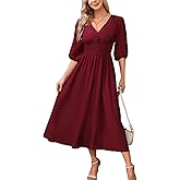 Kormei Women Casual Boho V Neck 3/4 Sleeve Smocked Waist A Line Flowy Swing Midi Dress Smocked Long Dress