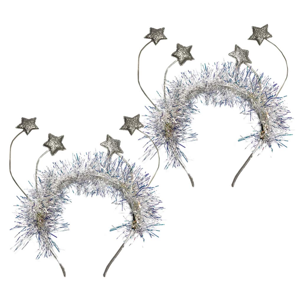Amosfun 2pcs Star Bopper Headband Glitter Tinsel Hair Hoop Christmas Hair Band New Year Eve Party Headwear Photo Prop for Carnival Cosplay Party(Silver)