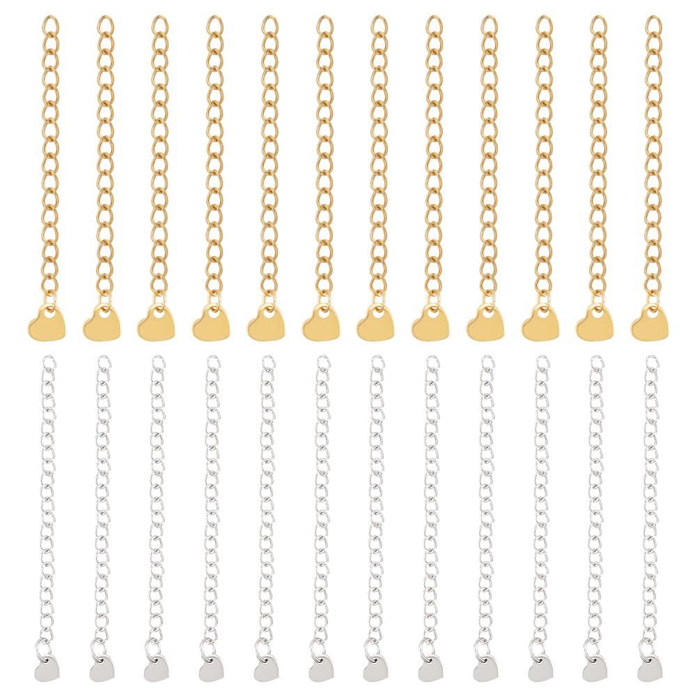 UNICRAFTALE 40Pcs 2 Style 2 Colors 60mm Long Bracelet Extension Chain 304 Stainless Steel End Chain with Heart Charms Metal Jewelry Extension Chain Charm Chain Extender for Jewelry Making