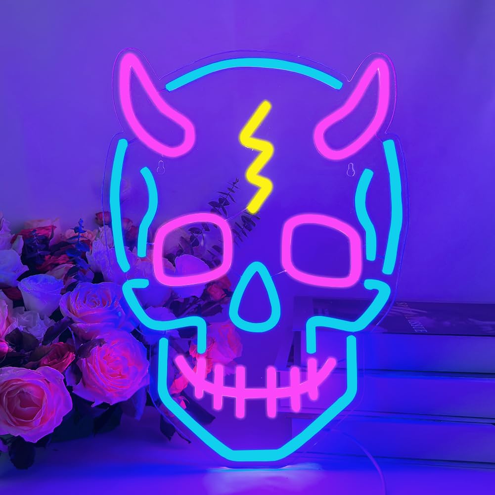 UExnkj-Y Skull Neon Sign LED Blue Neon Lights Advertising Wall Decoration USB powered LED neon with switch, suitable for game room,club,party,nightclub,gift,Halloweenwall decoration