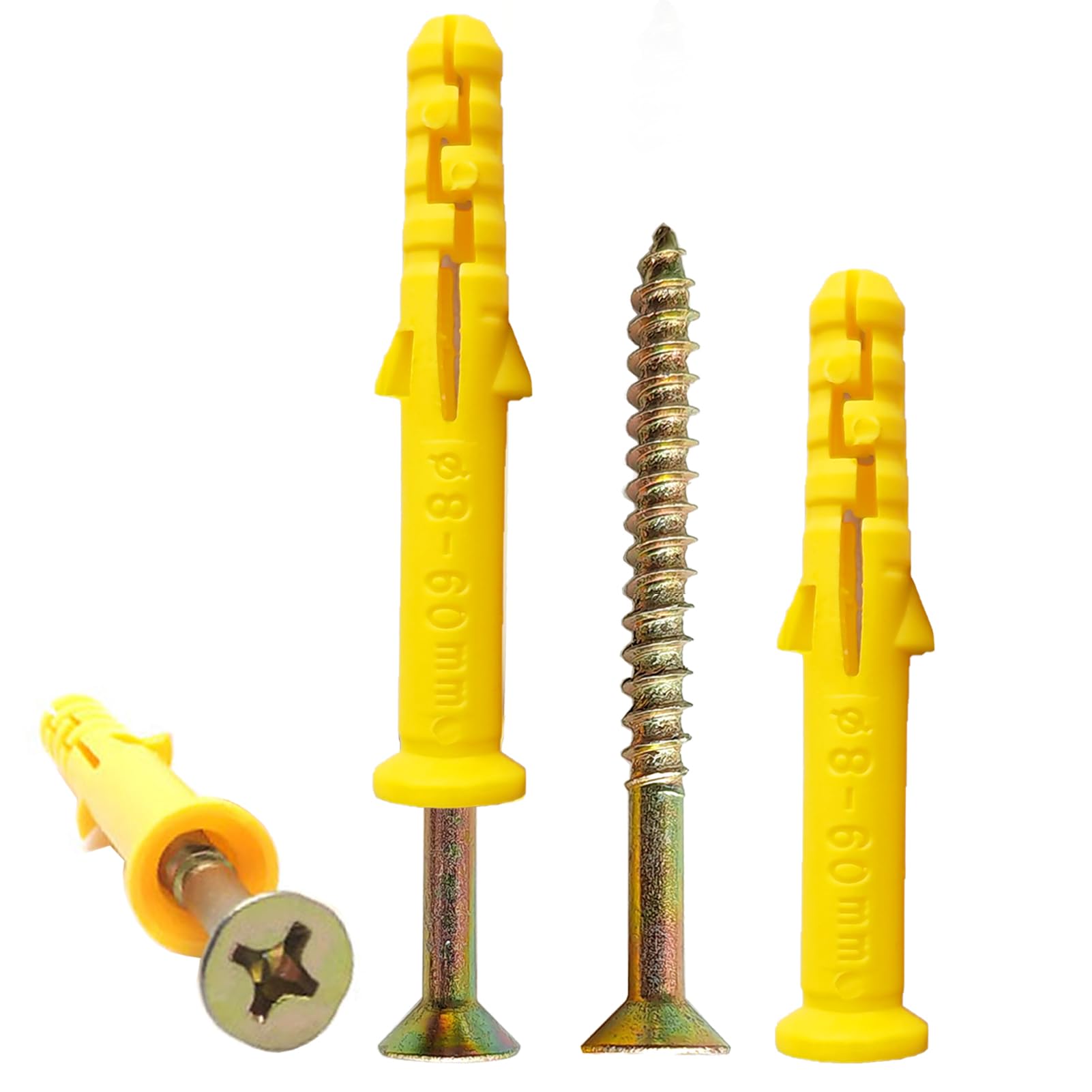 100 Pcs Wall Plugs for Brick,50 x M5*60 Masonry Self Tapping Screws,50 x M8*60 Expansion Pipe Anchor Bolts,Raw Plugs for Brick Wall,Heavy Duty Wood Screws and Wall Plug Kit for Concrete Drywall