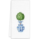 FIicy Blue and White Porcelain Kitchen Towels, Blue and White Chinoiserie Decor Bow Dish Towels, Topiary Tree Decorative Hand Towels for Bathroom, Chinoiserie Bathroom Kitchen Decor(16x24 Inch)