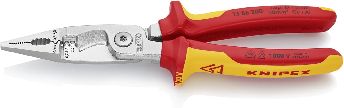 KNIPEX 13 86 200 Elektro-Installationszange verchromt isoliert mit Mehrkomponenten-Hüllen, VDE-geprüft 200 mm