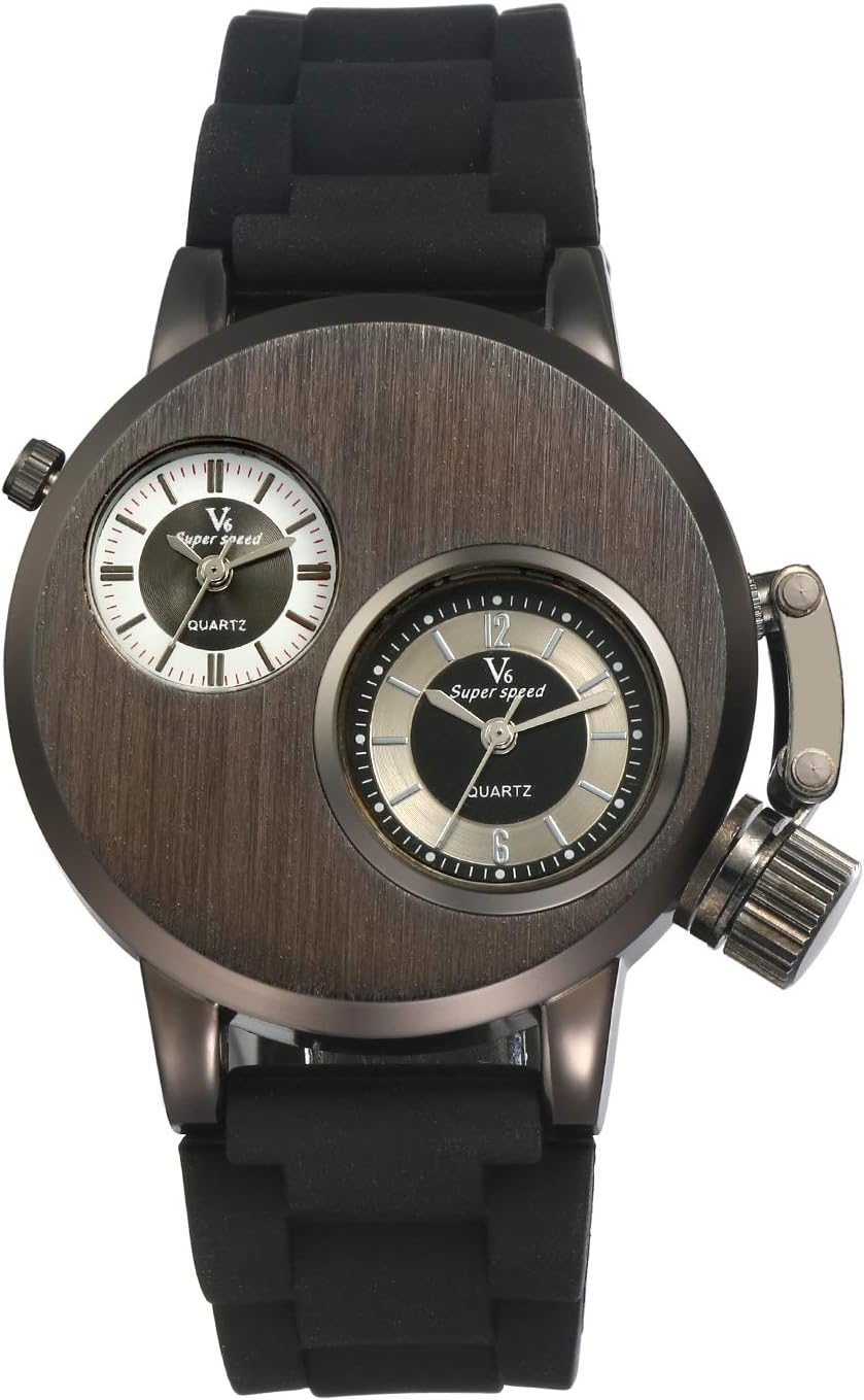 Men's Unique Analog Watch Dual Time Zone Quartz Watch Dual Dial Military Steampunk Cool Design Black Silicone Strap Sport Quartz Wristwatch