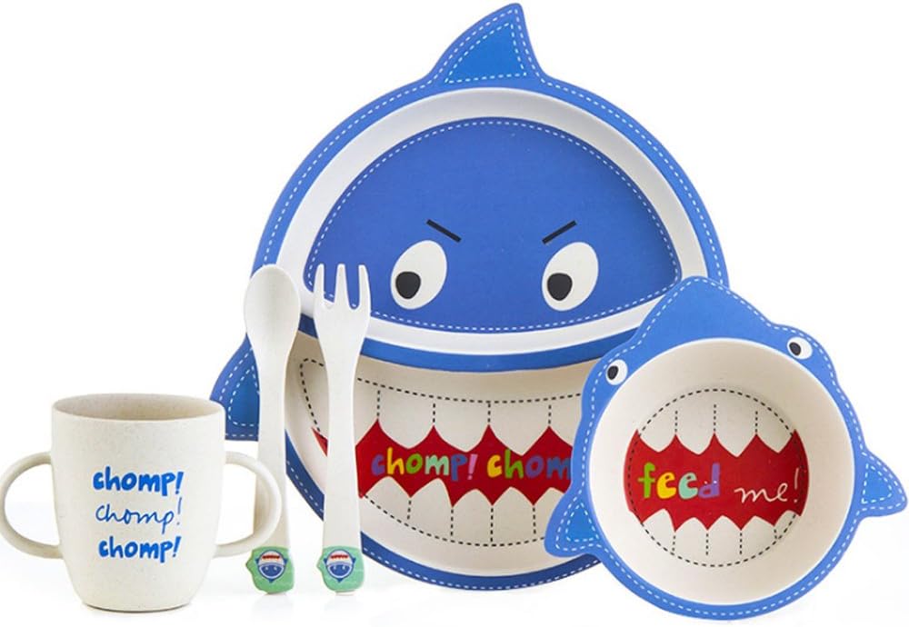 Baby Plate Set, Baby Dinnerware Set, Kids Bamboo Dinner Set, Toddler Divided Plates Set of 5 PCS, Including Plate with Compartments, Bowl, Cup,Spoon and Fork, Free BPA, Shark Shape