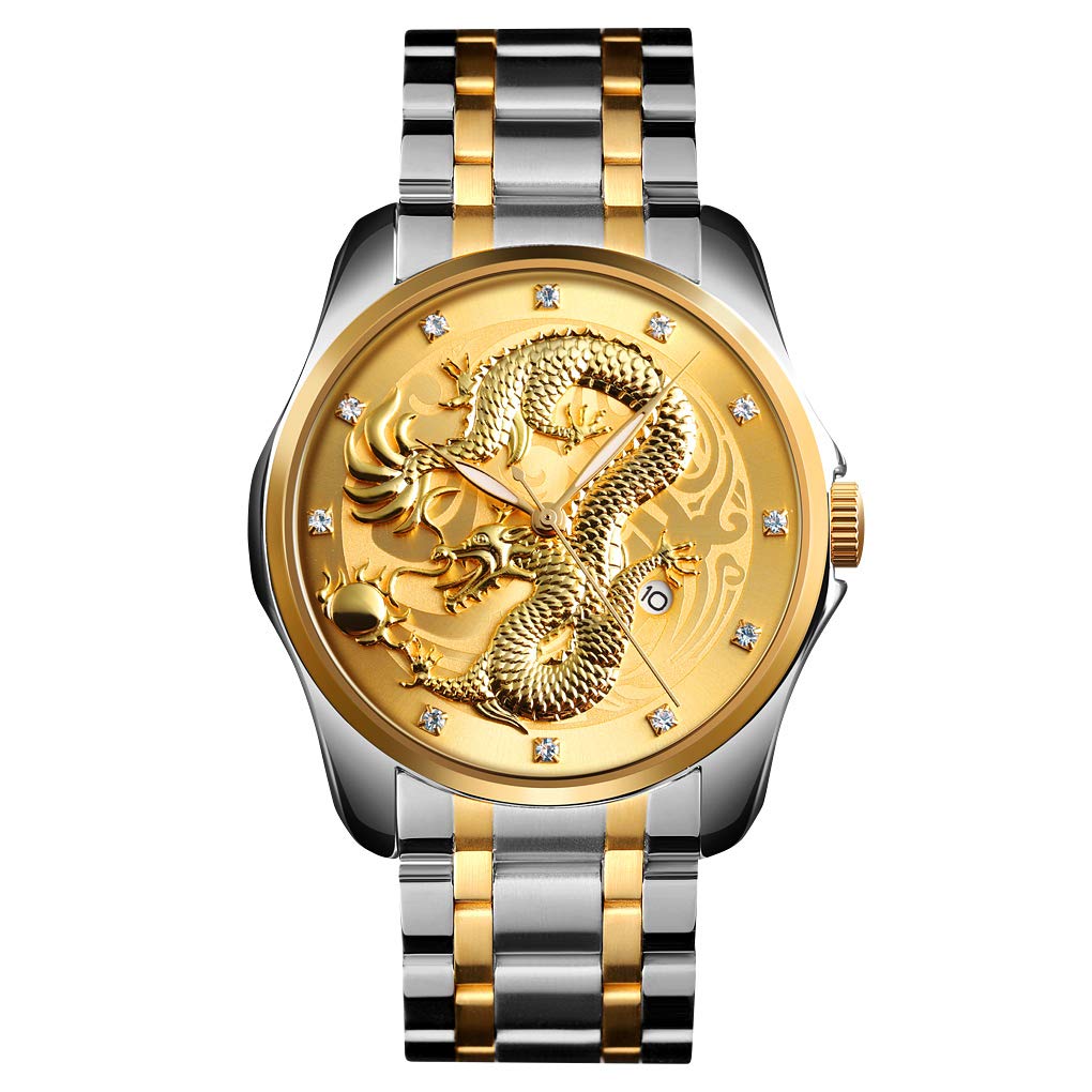 FeiWen Mens Cool Stainless Steel Analog Quartz Watches Gold Dragon Fashion Casual Calendar Wrist Watch (Silver Gold)