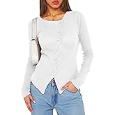 Cicy Bell Womens Long Sleeve Asymmetrical Tops Button Down Ribbed Fitted Cropped Shirts Trendy Fall Blouses