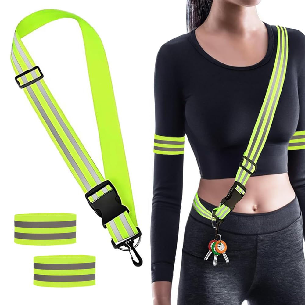 TRKETK 3 Pieces Reflective Running Gear, High Visibility Reflective Belt with 2 Armbands Elastic Reflective Gear Adjustable Reflective Belt with Clip for Running Cycling Dog Walking Night Safety