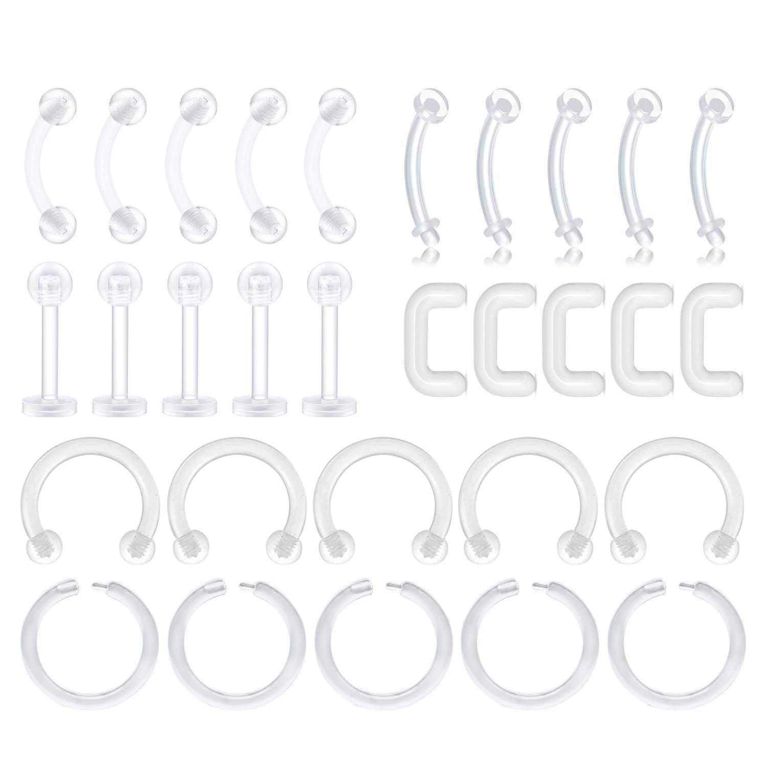 LAURITAMI 30-45pcs Clear Piercing Retainers Cartilage Lip Nose Helix Tragus Studs Rings Hoops Rings Bioflex Flexible Horseshoe Clicker Earrings Piercings Retainer 20G 16G