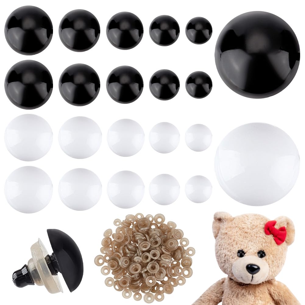 PH PandaHall 192 Sets Safety Eyes Black White Crochet Eyes Craft Eyes Half Round Animal Eyes with Washers for DIY Amigurumi Puppets Bear Crafts Stuffed Animals Making 10/12/14/16/18mm
