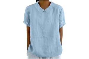 LMSXCT Peter Pan Collar Shirts for Women Short Sleeve Cotton Linen Blouse Summer Casual Plain Tunic Tops Teen Girls T Shirts