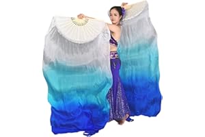 SNOWAQUA Belly Dance Faux Silk Veil Fans, 1 Pair (Left+Right) Faux Silk Bamboo Long Fans Veils, Handmade Belly Dance Dancing Silk Fans, Dance Performance