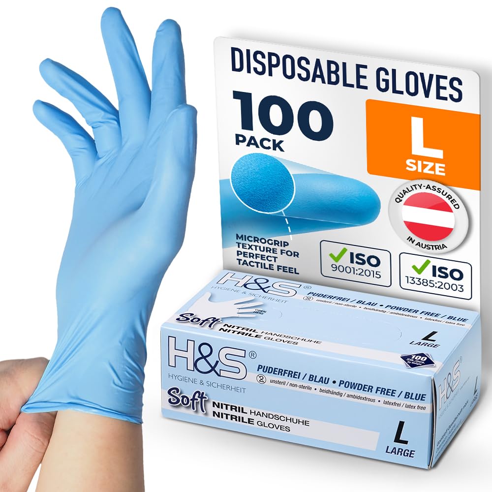 ISC Hygiene & Safety Nitrile Gloves 9 L Large Blue Box of 100 Powder Free Latex Free eudermic Disposable Examination Gloves nonsterile ambidextrous Commercial use