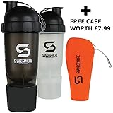 2 x Protein Shaker Bottles 700ml with Storage Compartments - Plus Free Protective Case - ShakeSphere As Seen on Dragon's Den (Black + Clear)