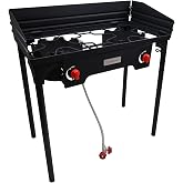 Gas One Propane Double Burner Two Burner Camp Stove with Windscreen Outdoor High Pressure Propane 2 Burner Adjustable PSI Regulator and 4ft Steel Braided Hose With Removable Legs