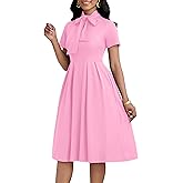 FANDEE Midi Dress for Women Casual Short Sleeve A-line Semi Formal Fit and Flare Dress Classy Tie Neck Work Business Dresses