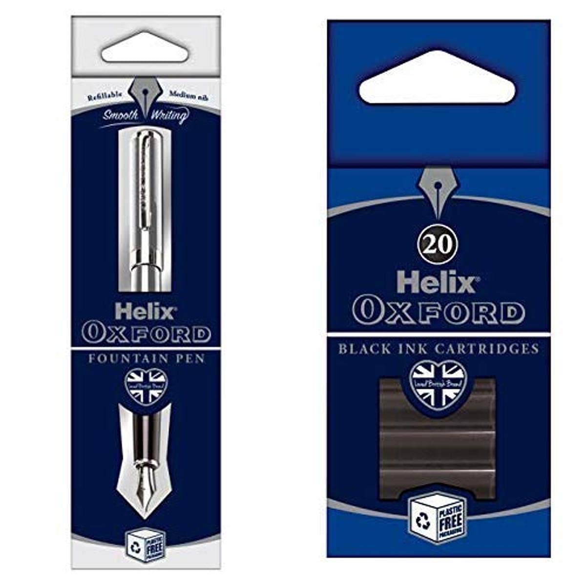 Helix Oxford Fountain Pen (Stainless Steel) with x20 pack of Black Ink Cartridges