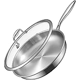 EWFEN 12 Inch Tri-Ply Stainless Steel Frying Pan, Compatible with All Cooktops Up to 600℉, Large Frying Pan with lids, Induction-Ready Skillet, Dishwasher and Oven Safe, Even Heat, 12" Skillet + Lid