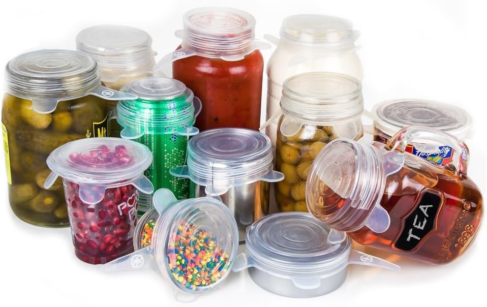 Silicone Lids 12 Pack, Stretchable, Reusable, Durable Kitchen Gadget, Dishwasher and Freezer Safe, Preserve Food (Clear/White, 1 Size Jar 12 Pack/Circular)