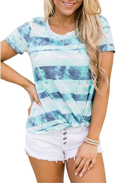 QIYUN.Z Frauen Sommer Basic V-Ausschnitt Krawatte Färben Kurzarm T