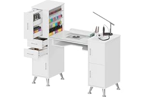Kikihouse Manicure Table Nail Station w/Glass Top, Dust Collector, 4 Dust Bags, Storage Drawers & Cabinets, Nail Desk Beauty Salon Workstation (White)