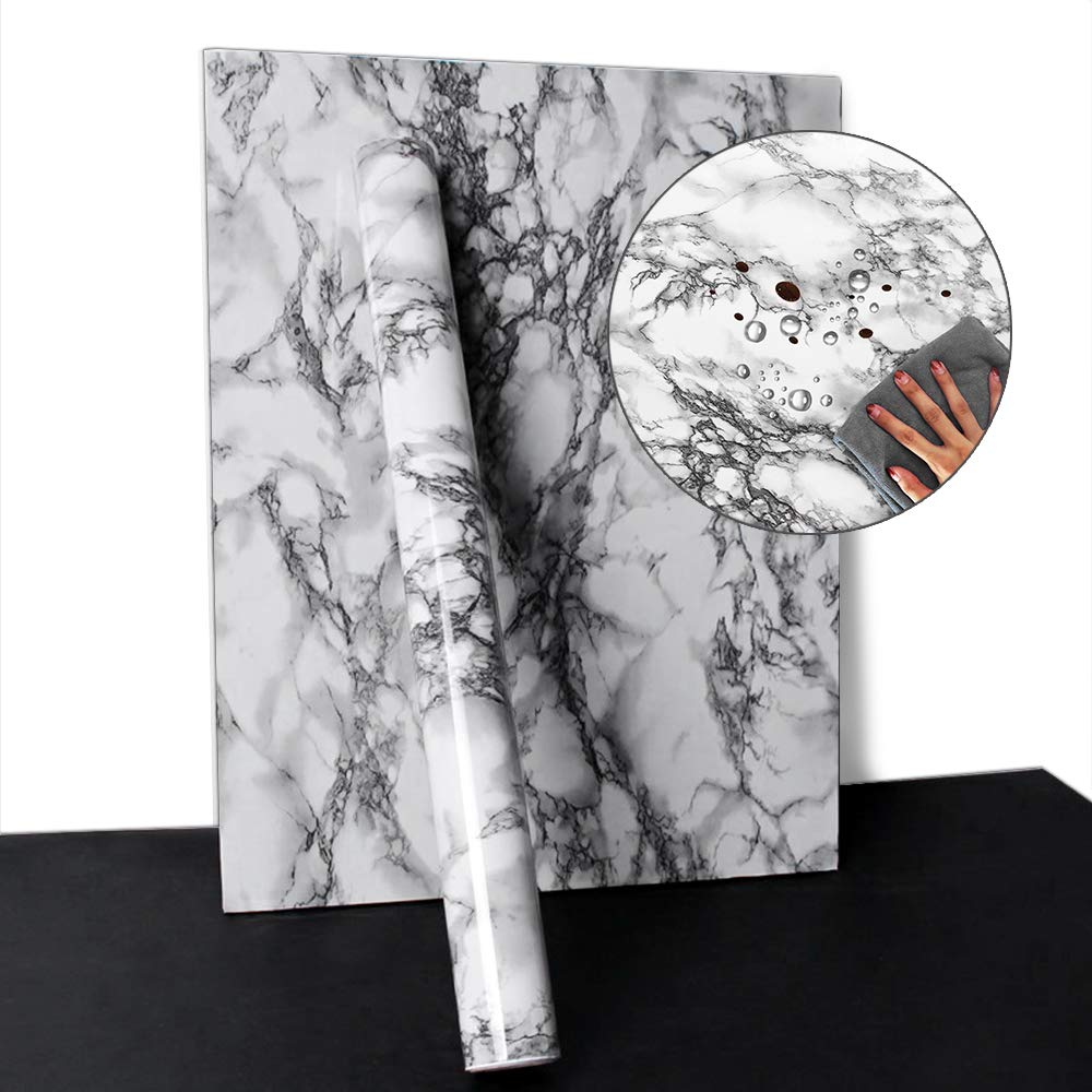 YENHOME Faux Countertops Peel and Stick 24" x 196" Landscape White Marble Contact Paper for Cabinets Cover Shelf Liner Self Adhesive Wallpaper for Bathroom Wall Decor Vinyl Film