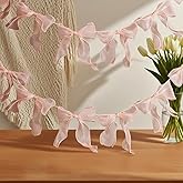 1 String of 12pcs Tulle Bow Garland Pink Bowknot Banner Garlands for Decoration Ribbon Garland Party Banner for Birthday,Wedding,Engagement,Anniversary,Bridal Shower, Bachelorette Party Pink Bow Decor