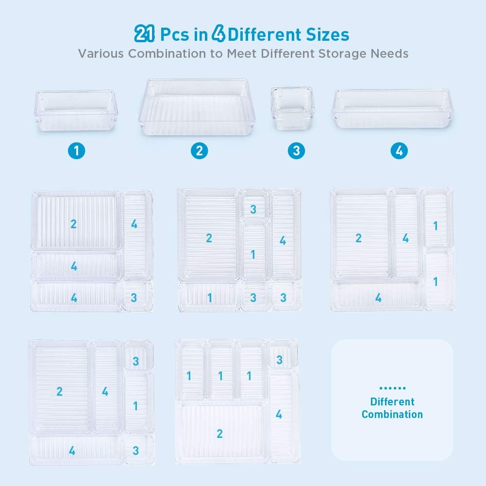 Kootek 21 Pcs Desk Drawer Organizer Trays 4-Size Bathroom Drawer Tray Plastic Storage Organizers Bins Customize Layout Dividers for Cosmetic Makeup Dresser Kitchen Flatware Cutlery Office Accessories: Home & Kitchen