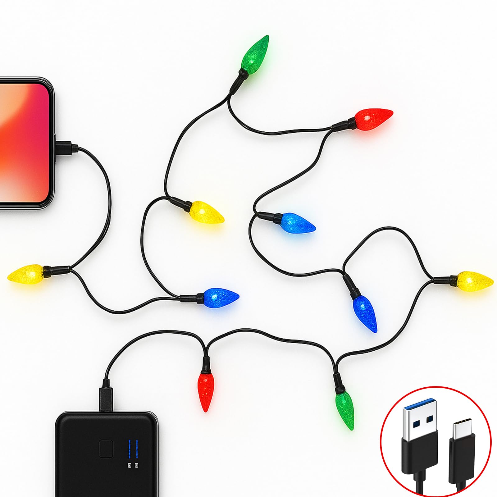 Photo 1 of 2 Pack Christmas Lights Phone Charging Cable, Xmas 55" USB-A to Type-C Charger Cord with 10 LED Bulbs, Festive Holiday Charging Cables Compatible with Phone/i 17/16/15 & Pad/i Android Samsung Car