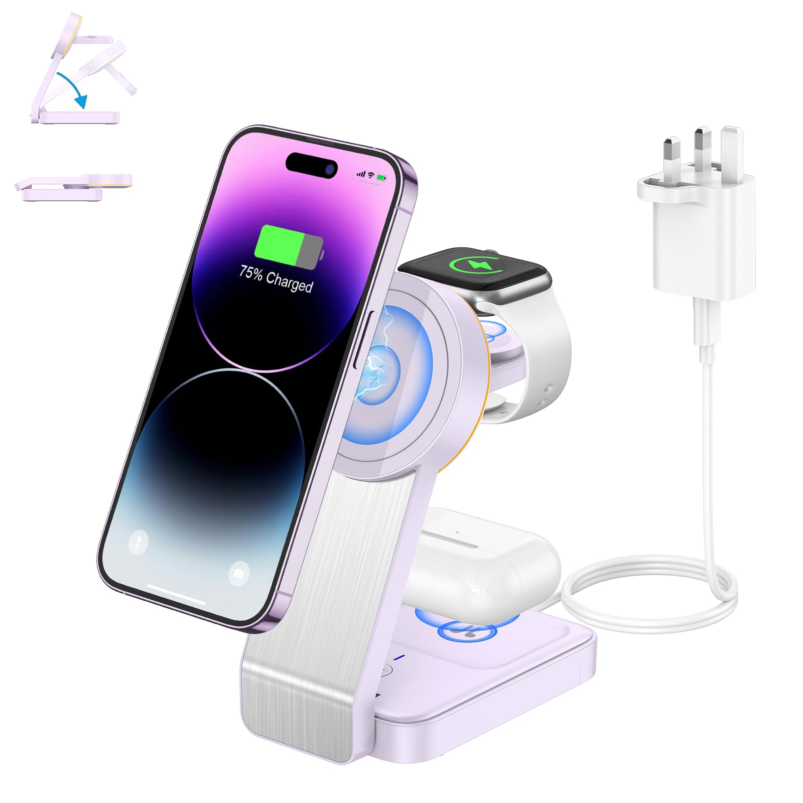 3 in 1 wireless charging station-ADADPU Foldable Wireless For iPhone 17/16/15/14/13/12 Pro Max, Apple Charging Station For Apple Watch AirPods, Travel-Ready iPhone Mag-safe Charger Stand
