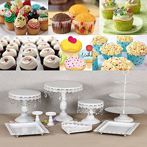 9 Set Metal Crystal Cake Holder Cupcake Stand Cake Dessert Holder with Pendants and Beads,Wedding Birthday Dessert Cupcake Pedestal Display,White (9)