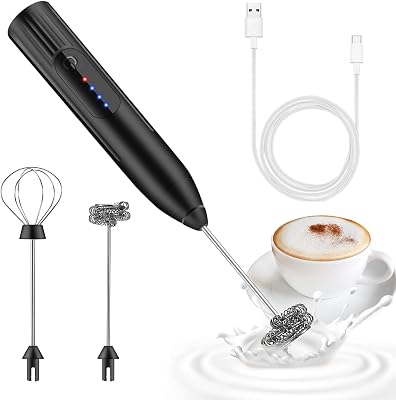 milchaufschäumer elektrisch stab,USB wiederaufladbar ​milchschäumer,melektrischer schneebesen 3 einstellbare geschwindigkeiten edelstahl für kaffee cappuccino latte heiße schokolade (Schwarz)