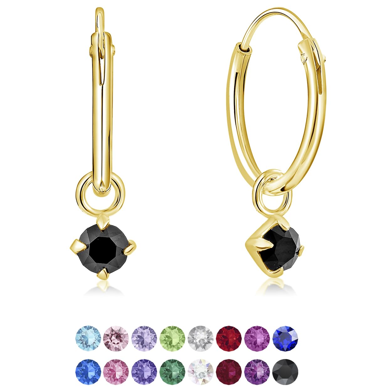 DTPsilver 925 Sterling Silver Yellow Gold Plated SMALL Hoops Earrings & Round Dangling 3 mm Crystals - Thickness 1.2 mm - Diameter: 12 mm - Colour : Black — image 1