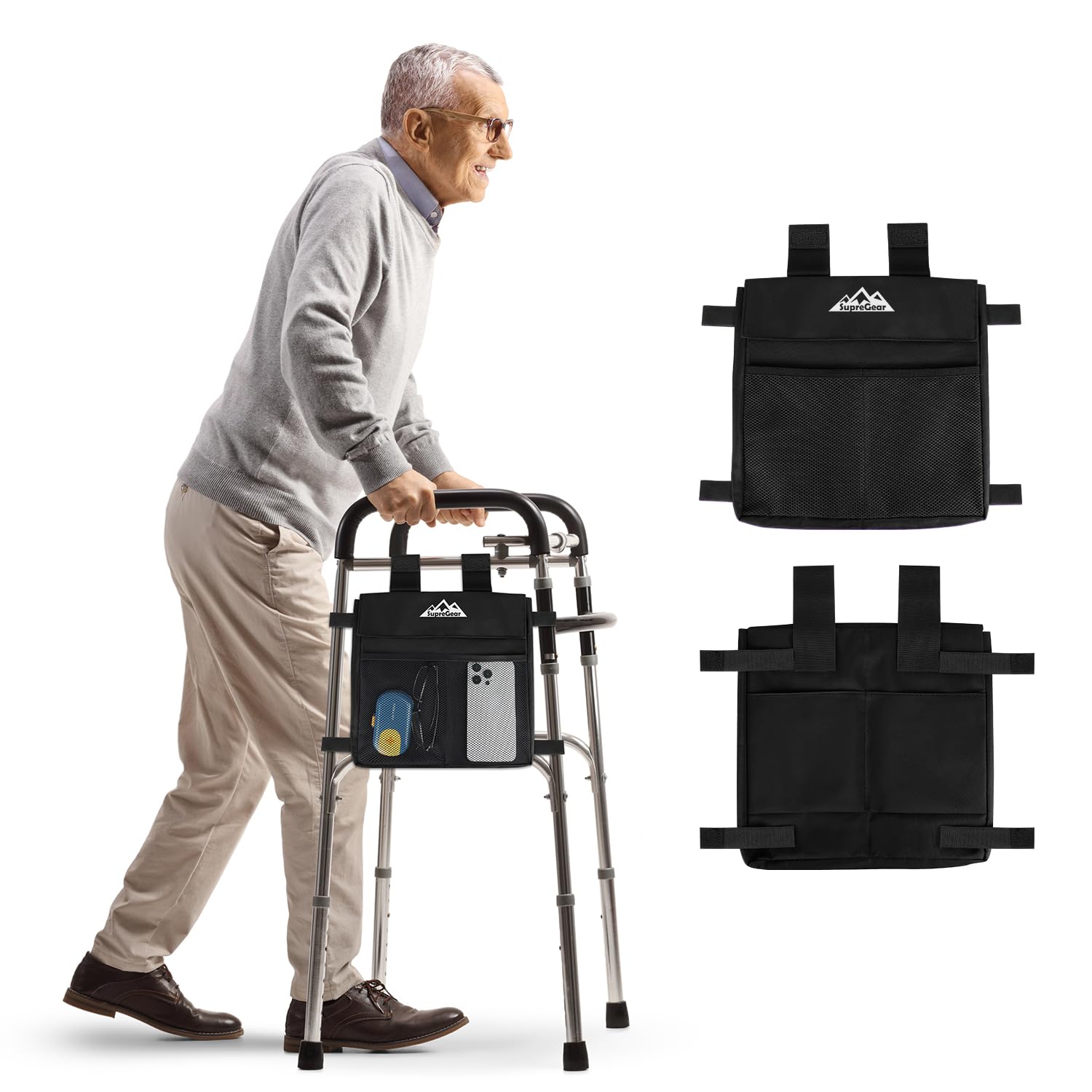 supregear Walker Side Bag, Water Resistant Accessory Basket Pouch for Folding Walkers, Lightweight Hand Free Storage Carrier Tote, Universal Size Seniors Caddy Attachment, Black
