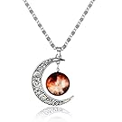 Luvalti Galaxy & Crescent Cosmic Moon Pendant Necklace, Orange Glass, 17.5'' Chain, Great Gift for Women