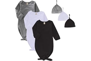 OPAWO Newborn Baby Knotted Gowns with Mitten Cuffs and Hat Baby Sleeper Gowns Coming Home Outfit for Baby Boy Girl 0-6 Months