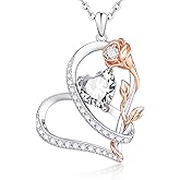 Rose Heart Birthstone Necklace for Women - Dainty 925 Sterling Silver Necklaces for Women Trendy CZ Pendant Necklace Jewelry Birthday Anniversary Christmas Gifts for Girlfriend Mom Lady Daughter