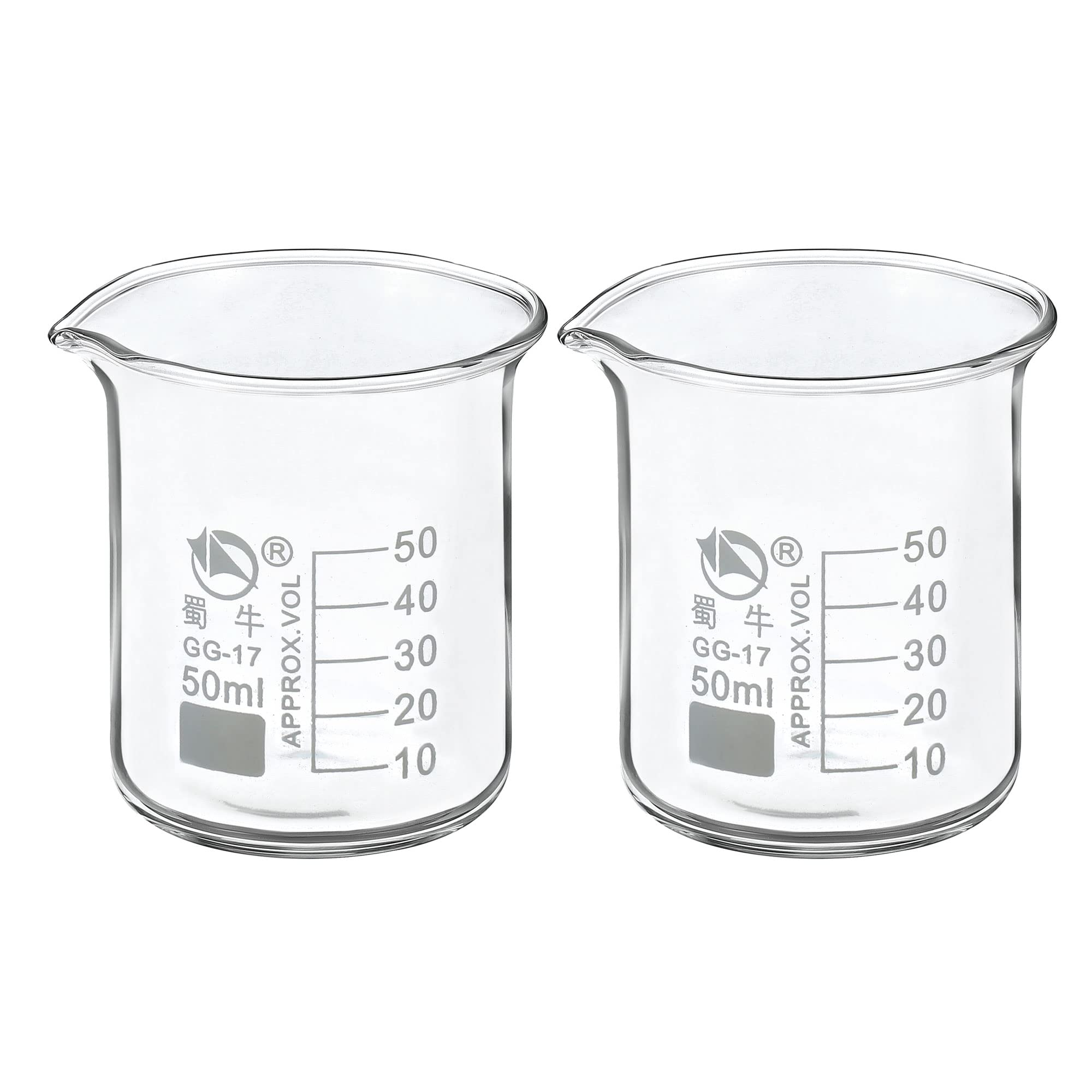 PATIKIL 50ml Low Form Glass Beaker, 2 Pack 3.3 Borosilicate Glass Graduated Printed Scale Measuring Cups with Spout for Kitchen Lab Liquids Transit Boiling