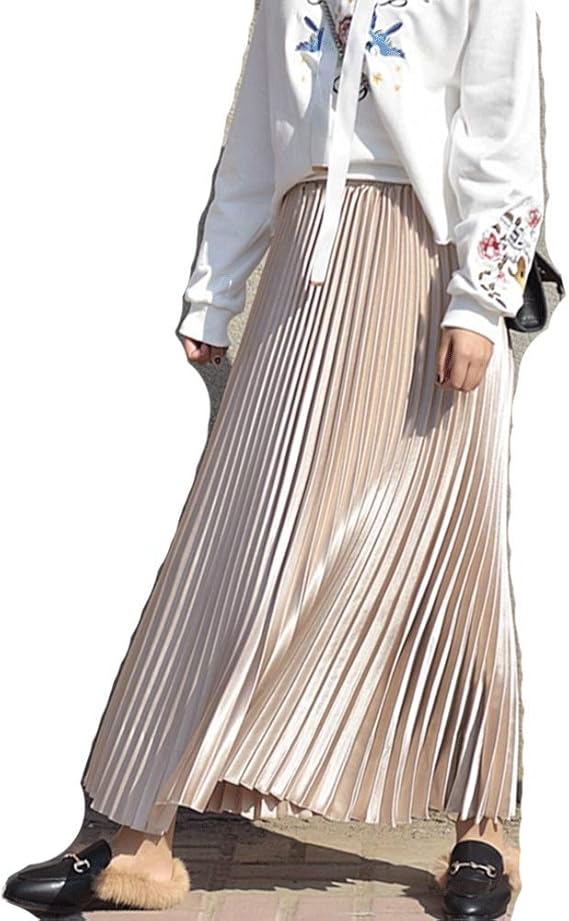 Amazon プリーツスカートロング 秋冬フレアスカート 光沢感 ピカピカ レディース マキシスカート 無地 スカート ロングスカート Aライン 着痩せ フレア 体型カバー ウェストゴム ファッション リゾート ゆったり お出かけ ふんわり 通勤 秋冬 11月新入荷 ゴールド