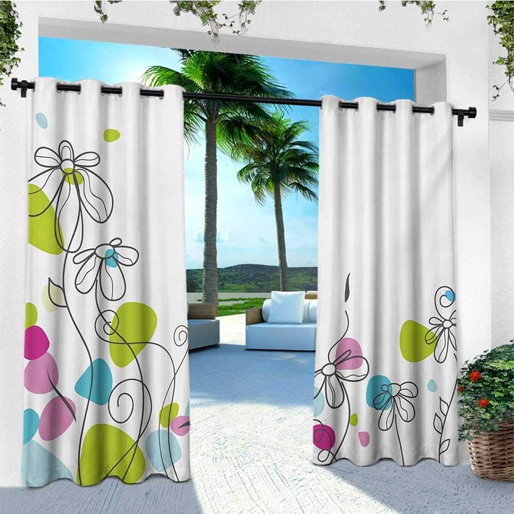 leinuoyi Floral, Outdoor Curtain Panels Set of 2, Chamomiles Daisy Flowers Spring Florets Blossoms Buds Leaves Nature Summer Design, Fabric W96 x L96 Inch Multicolor