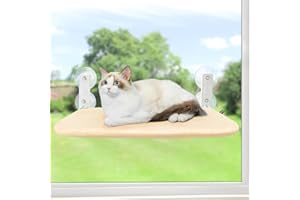 Sunhoo Cat Window Hammock Perch Cordless Perches Window Sill Seat Bed Foldable Stable Lounger Upgraded Suction Cup Easy Assembly Indoor Cats Kitty Shelf Hold Up to 55lbs（Beige,S