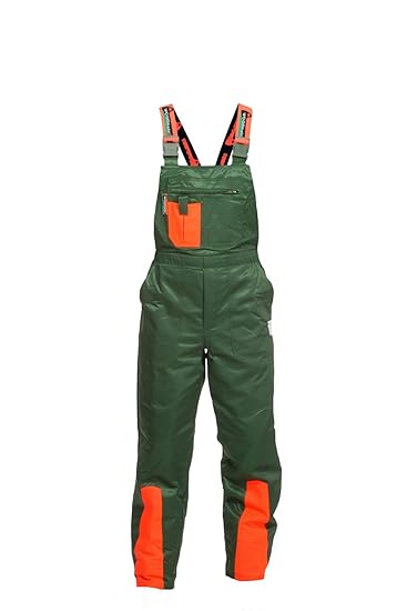 WOODSafe Schnittschutzhose Klasse 1, kwf-geprüfte Forsthose, Latzhose grün/orange, Herren - Waldarbeiterhose Größe 48