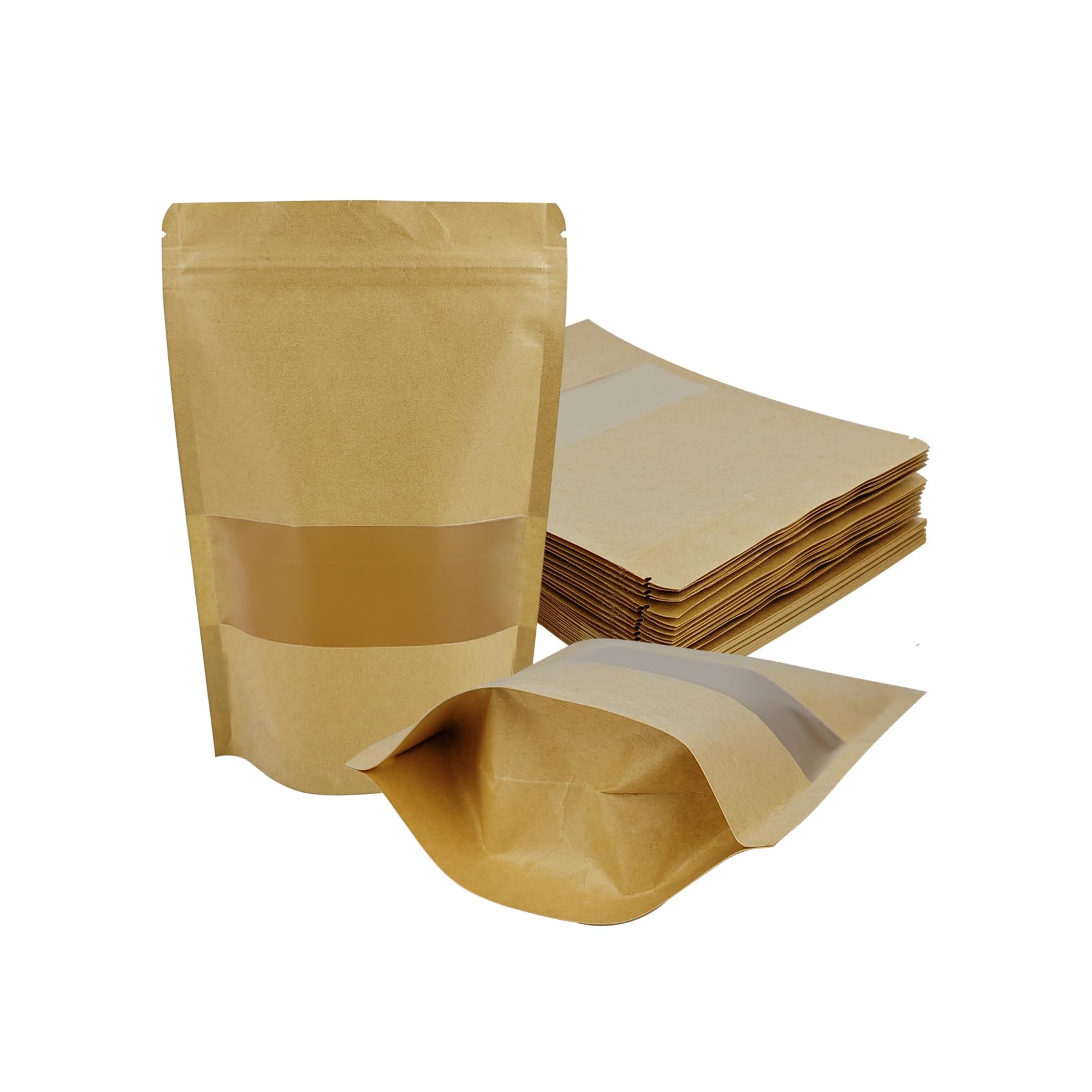 Photo 1 of 30 Pcs Kraft Paper Bags With Window, 3.5 x 5.5 Inches Sealable Treat Pouches, Food Storage Stand Up Zip Lock for Snacks, Coffee, Spices, Cheese
